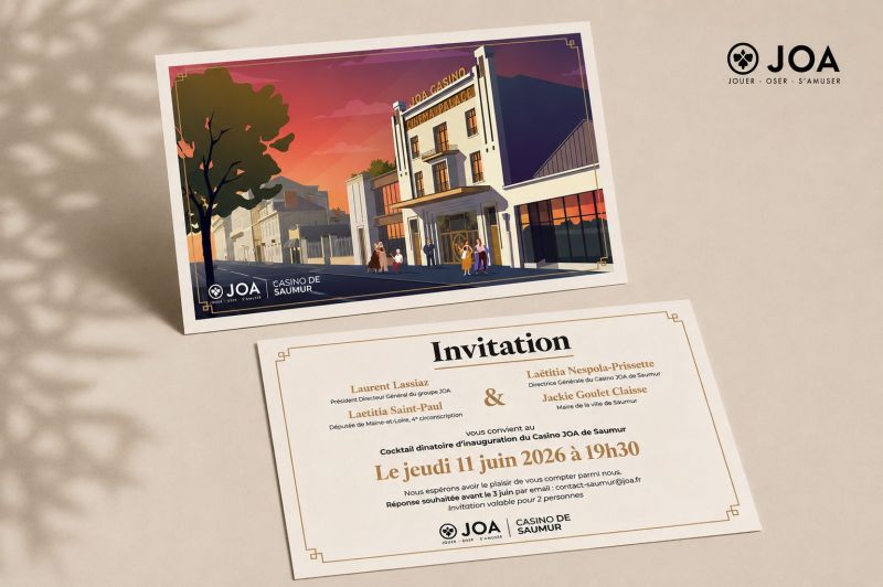 Carton d’invitation illustré par Pixim pour l’inauguration du Casino JOA de Saumur : la façade Art déco du casino au coucher du soleil